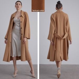 New! Silk Maison 100% Pure Wool Button Up Collar Belted Oversized Long Coat